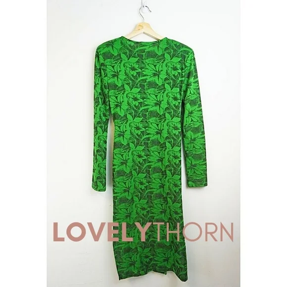 ZARA // kelly green floral printed fitted long sleeve side slit midi dress - Picture 9 of 11